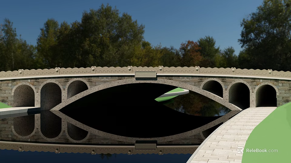 Scenic Stone Arch Bridge With Tree Reflections In Water And Stone Path 3d model 