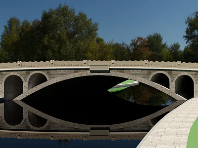 Scenic Stone Arch Bridge With Tree Reflections In Water And Stone Path 3d model