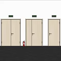 Three Sets Of Light Colored Double Doors With Green Indicator Lights And Red Fire Extinguisher
