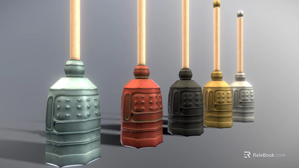 Multiple Colored Equipment Tools With Wooden Handles And Textured Surface Designs 3d model 
