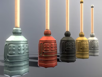Multiple Colored Equipment Tools With Wooden Handles And Textured Surface Designs 3d model