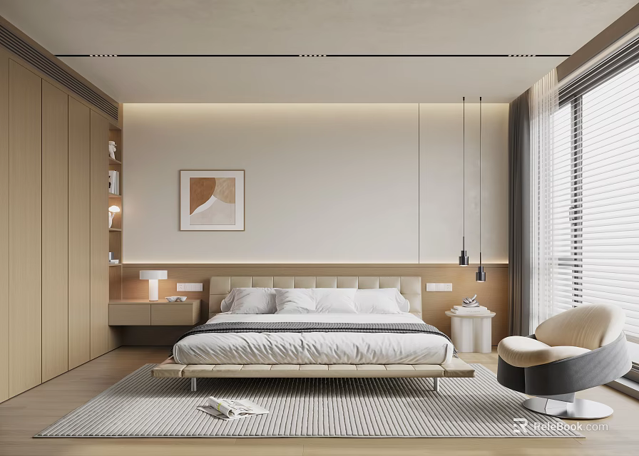 Modern Bedroom Interior Design With Wooden Wardrobes Decorative Painting And Pendant Lights 3d model 