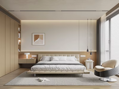 Modern Bedroom Interior Design With Wooden Wardrobes Decorative Painting And Pendant Lights 3d model
