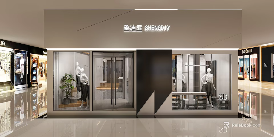 SHENDIAY Mall Store Modern Exterior With Glass Doors Shop Window Mannequins And Green Plants 3d model 