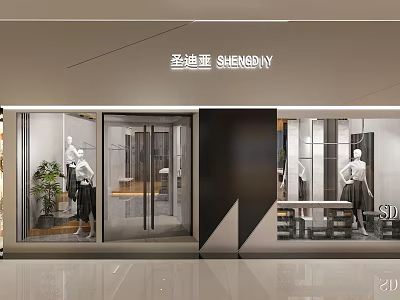 SHENDIAY Mall Store Modern Exterior With Glass Doors Shop Window Mannequins And Green Plants 3d model