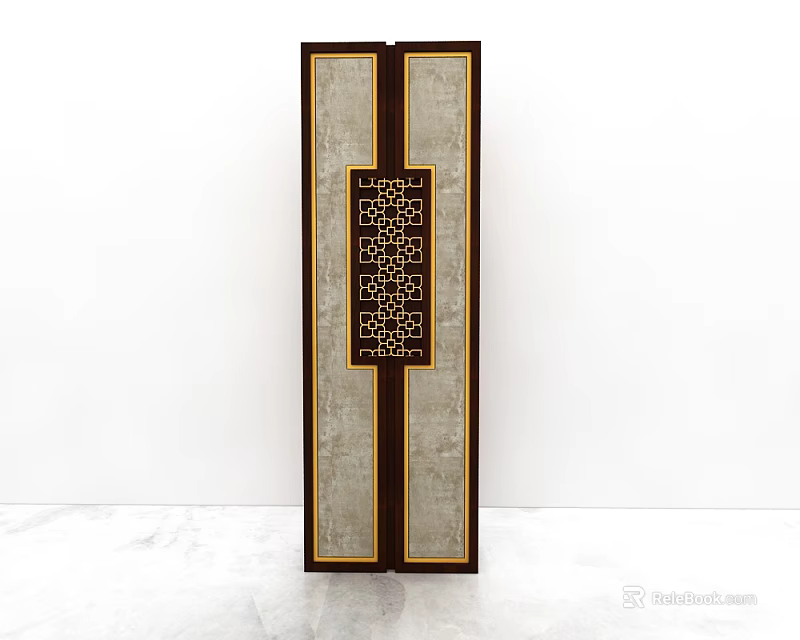 Chinese Style Wall Panel Featuring Carved Openwork Design Dark Brown Frame And Light Center 3d model