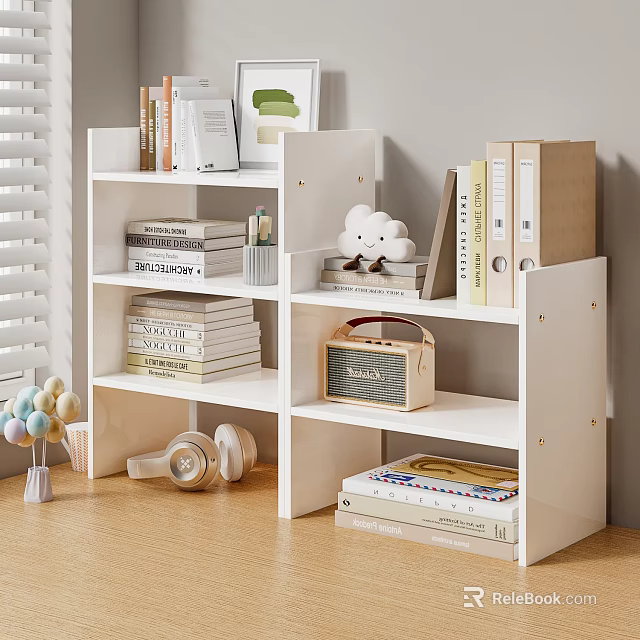 White Layered Storage Shelf With Books Decorations Radio Headphones And Storage Boxes 3d model 
