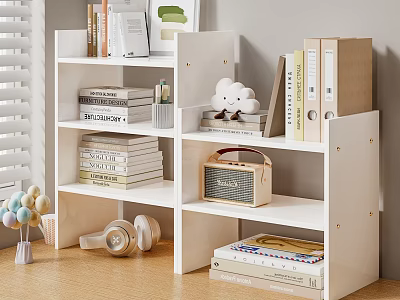 White Layered Storage Shelf With Books Decorations Radio Headphones And Storage Boxes 3d model