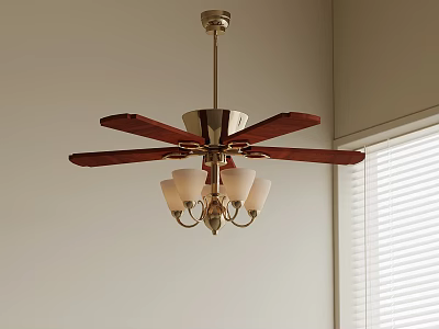 Ceiling Fan With Wooden Blades And Light Fixture Near Window Blinds 3d model