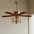Ceiling Fan With Wooden Blades And Light Fixture Near Window Blinds