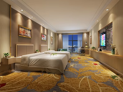 Hotel Guest Room With Twin Beds Patterned Carpet Wall Paintings Window And TV 3d model