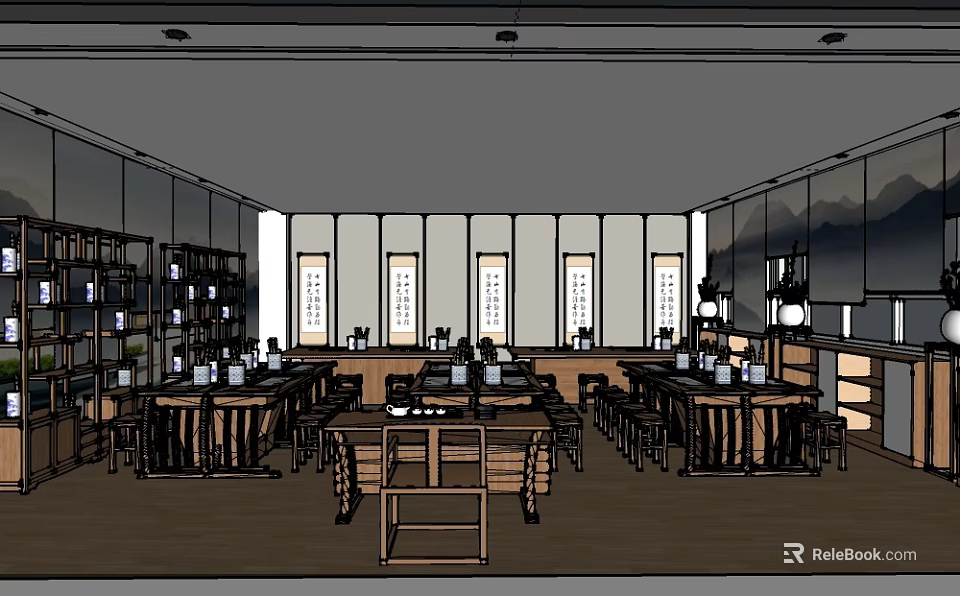 School Traditional Chinese Study Room With Wooden Tables Bookshelves Scrolls And Chairs 3d model 