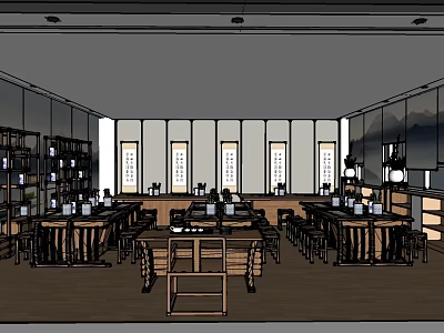 School Traditional Chinese Study Room With Wooden Tables Bookshelves Scrolls And Chairs 3d model