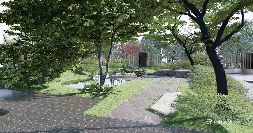 Residential Landscape Design With Lush Trees Green Grass Small Pond Stone Pathway And Chairs 3d model 