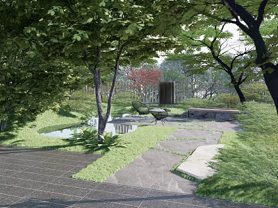 Residential Landscape Design With Lush Trees Green Grass Small Pond Stone Pathway And Chairs 3d model