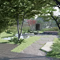 Residential Landscape Design With Lush Trees Green Grass Small Pond Stone Pathway And Chairs