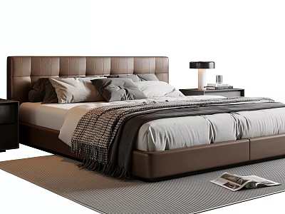 Double Bed With Brown Leather Headboard Gray White Pillows Gray Blanket Nightstand Lamp Rug And Floor Newspaper 3d model