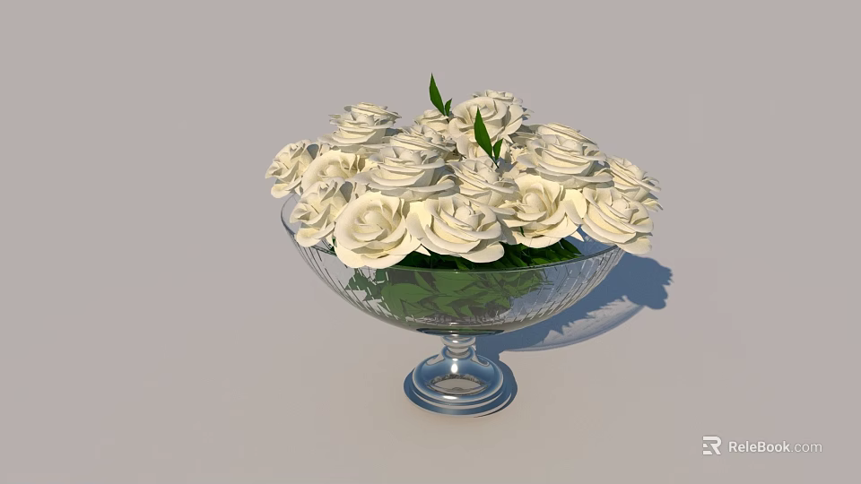 Transparent Glass Vase With White Roses And Green Leaves Decoration 3d model 
