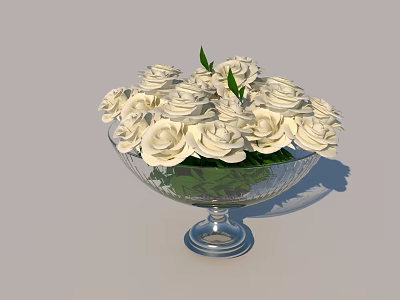 Transparent Glass Vase With White Roses And Green Leaves Decoration 3d model