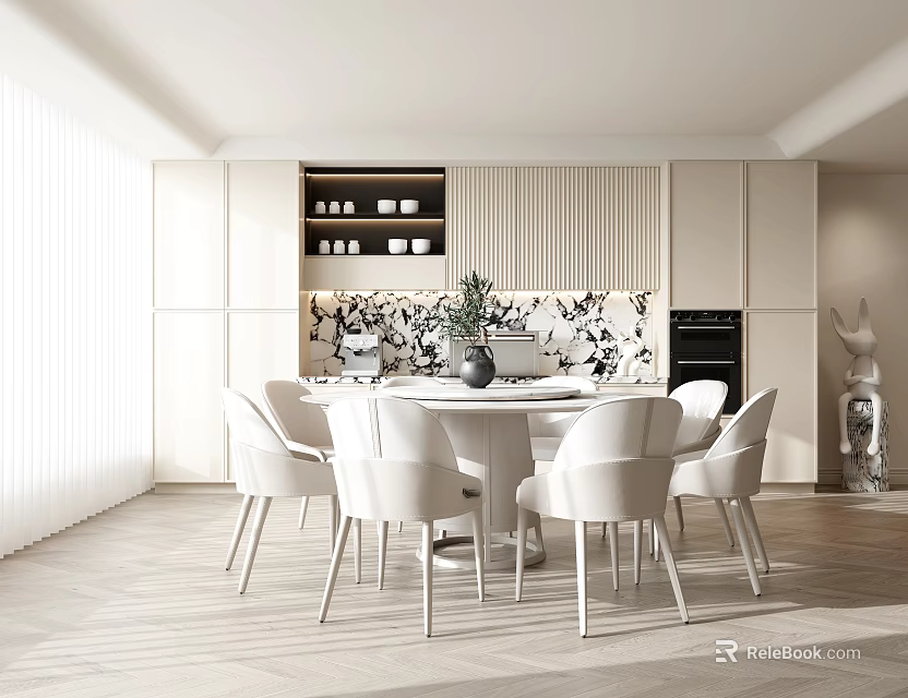 Modern Restaurant Interior With White Dining Table Chairs Potted Plant And Open Layout 3d model 