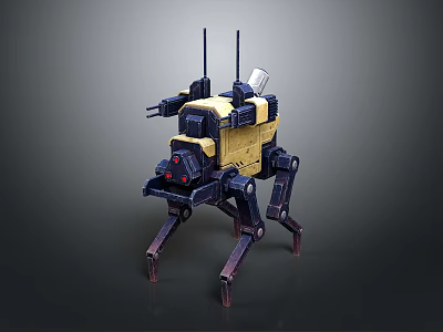 Mechanical Quadruped Robot Character With Yellow Black Body Antenna And Weapon 3d model