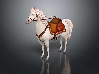 White Horse With Brown Saddle And Leather Reins Standing On Reflective Surface 3d model