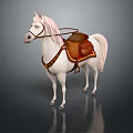 White Horse With Brown Saddle And Leather Reins Standing On Reflective Surface