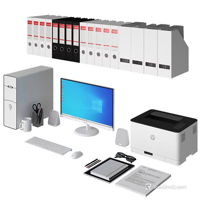 Essential Office Equipment Setup With Computer Monitor Printer Binders And Supplies 3d model 