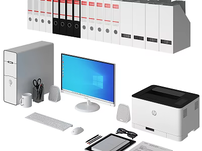 Essential Office Equipment Setup With Computer Monitor Printer Binders And Supplies 3d model