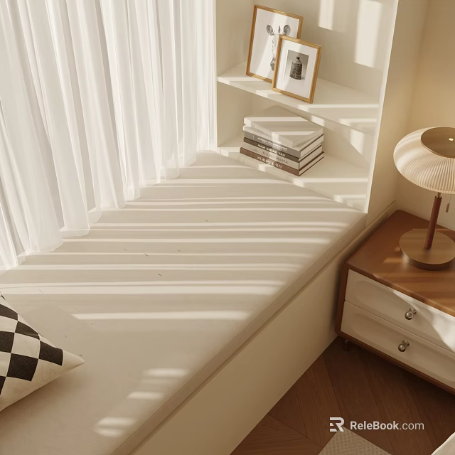 Cozy Sunlit Bay Window Interior With White Curtains Books Photo Frames And Pillow 3d model 