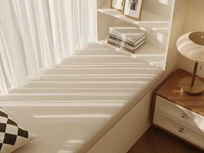 Cozy Sunlit Bay Window Interior With White Curtains Books Photo Frames And Pillow 3d model