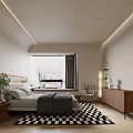 Modern Bedroom Interior With Bed Patterned Rug Window Chair Nightstand And Decorative Wall
