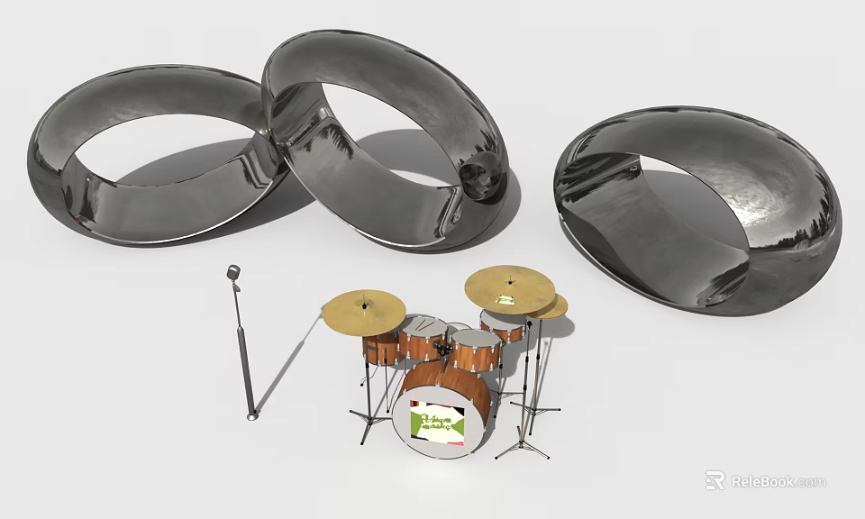 Complete Musical Instruments Set With Drum Kit Cymbals And Microphone Stand 3d model 