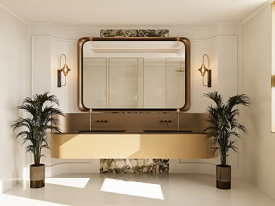 Modern Elegant Bathroom With Double Vanity Marble Countertop Large Mirror Wall Sconces And Potted Plants 3d model
