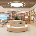 Modern Bright Open Lounge With Wooden Tables Chairs And Bookshelves In Spacious Interior