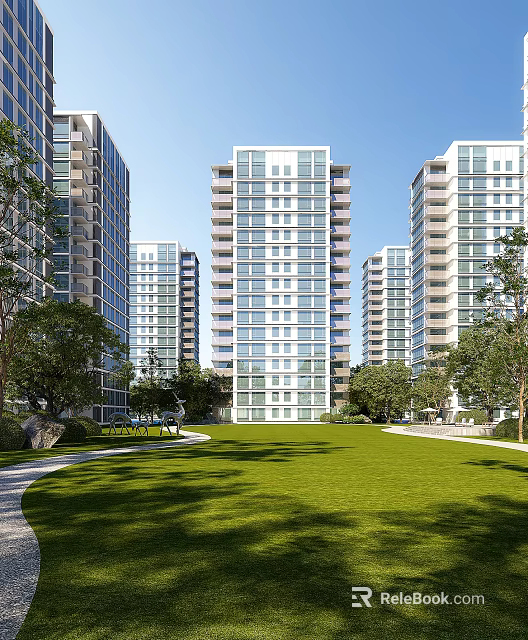 Modern High Rise Residential Building With Green Lawn Trees And Landscaped Surroundings 3d model 