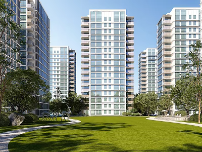 Modern High Rise Residential Building With Green Lawn Trees And Landscaped Surroundings 3d model