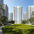 Modern High Rise Residential Building With Green Lawn Trees And Landscaped Surroundings