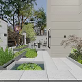 Modern Garden Landscape With Stone Path Green Plants Trees Bamboo And Seating Area Lighting