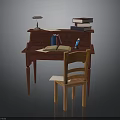 Wooden Writing Desk With Drawer Open Book Lamp Stacked Books Pen And Chair