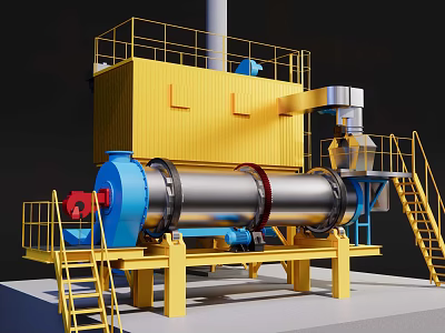 Large Scale Industrial Rotary Drum Equipment with Yellow Frame and Blue Cylinder 3d model