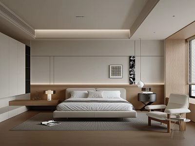 Modern Bedroom Interior Design With Platform Bed Nightstand Accent Chair Wall Artwork And Recessed Lighting 3d model