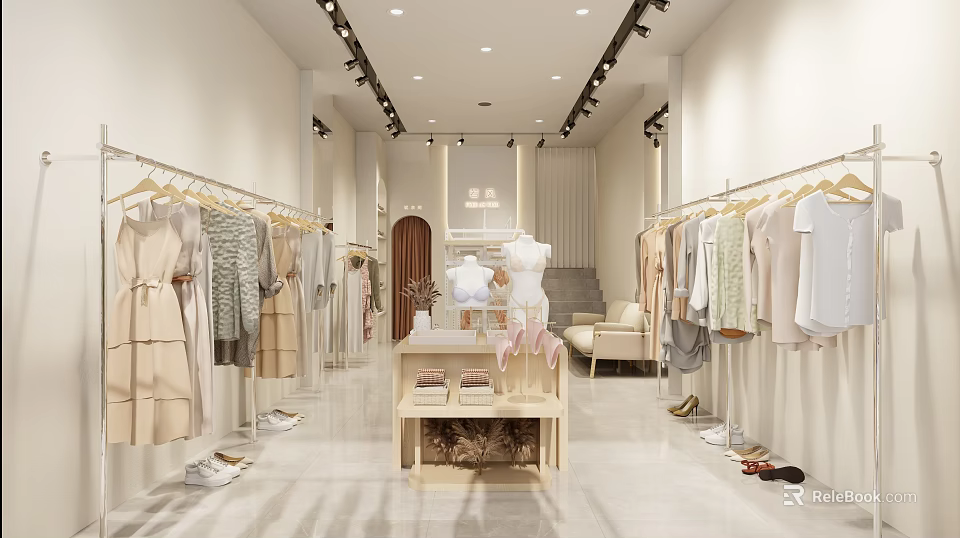 Bright Minimalist Clothing Store With Hanging Clothes Display Table Mannequins Sofa And Shoes 3d model 