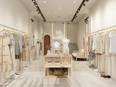 Bright Minimalist Clothing Store With Hanging Clothes Display Table Mannequins Sofa And Shoes 3d model