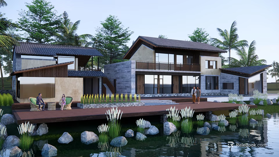 Scenic Waterfront Boutique Hotel Building With Wooden Terrace Large Windows And Green Plants 3d model 