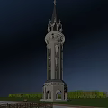 Ornate Tiered Tower With Spire And Arched Windows Against Blue Sky With Greenery