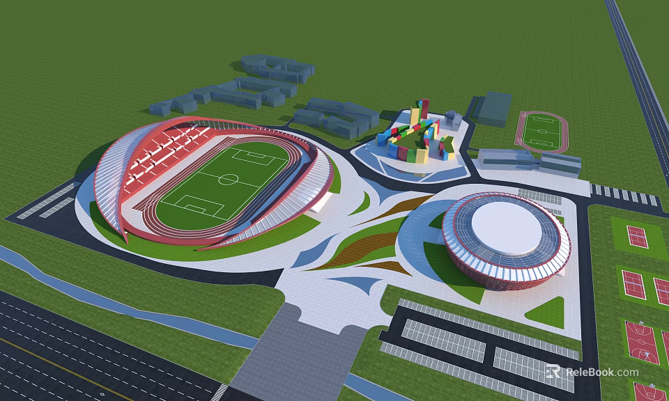 Sports Complex Layout With Large Stadium Football Field Round Building Greenery And Roads 3d model 