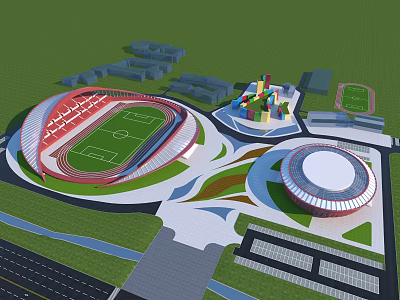 Sports Complex Layout With Large Stadium Football Field Round Building Greenery And Roads 3d model