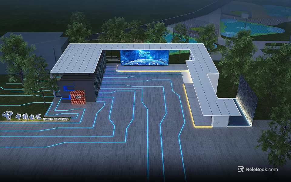 Futuristic Modern Building Exterior Design With Blue Illuminated Lines And Large Screen Greenery 3d model 