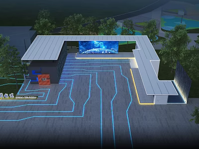 Futuristic Modern Building Exterior Design With Blue Illuminated Lines And Large Screen Greenery 3d model